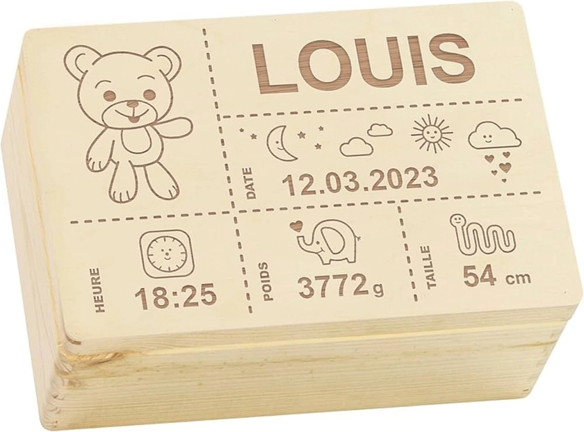 LAUBLUST Boîte à souvenirs bébé personnalisée - Cadeau de naissance avec prénom | Ours en peluche, tailles S, M, L, XL - Boîte à souvenirs pour filles & garçons | Boîte en bois naturel ou blanc, FSC®