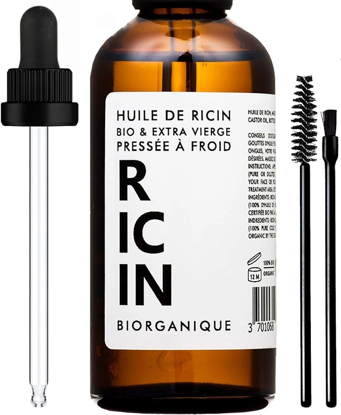 Huile de Ricin 100% Bio, Pure et Naturelle - 50 ml - Soin pour Cheveux, Cils, Ongles, Peau.