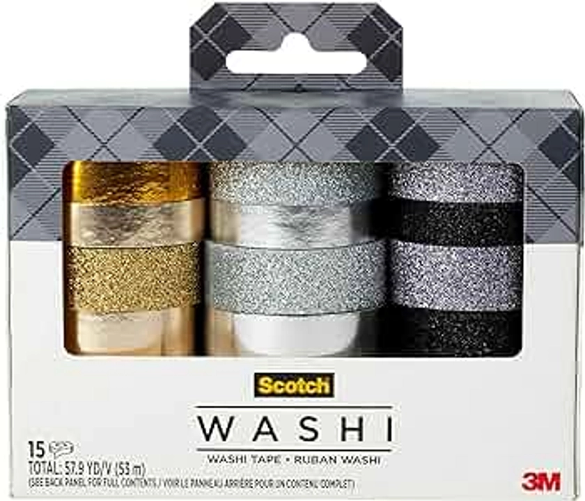 Scotch Washi Tape, Glitter Metallic Design, 15 Rolls, Great for Bullet Journaling, Scrapbooking and DIY Décor (C1017-15-P6)