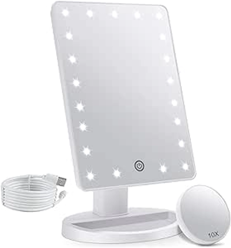 FASCINATE Makeup Vanity Mirror with Lights and Detachable 10X Magnification, 21 Led Lights Adjustable Dimming Touch Sensor, Dual Power Supply, 180° Rotation, Portable Cosmetic Mirror