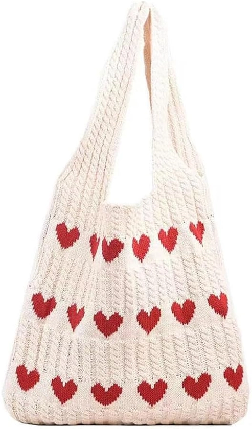 Women Knit Tote Bag Crochet Shoulder Bag Love Heart Pattern Beach Handbags Aesthetic Everyday Knitted Bag