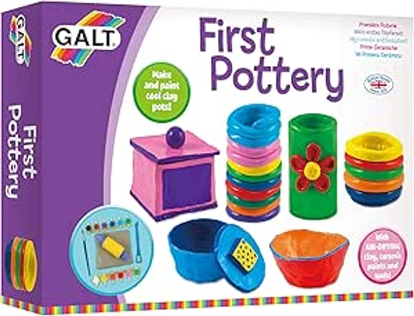 Galt First Pottery - Fun Arts and Crafts Kit for Kids - Childrens Air Dry Clay Painting and Pottery Set for Girls and Boys with Ceramic Paints,Mini Rolling Pin,Paintbrush and Guide - Ages 6 Years Plus