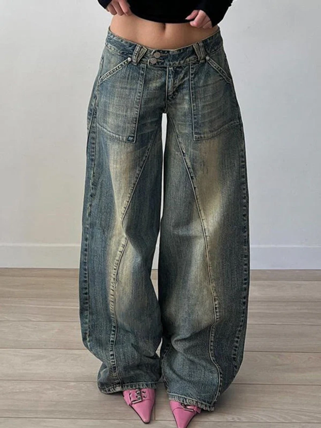 JY Punk Distressed Irregular Dividing Line Baggy Jeans/ Punk Ripped As