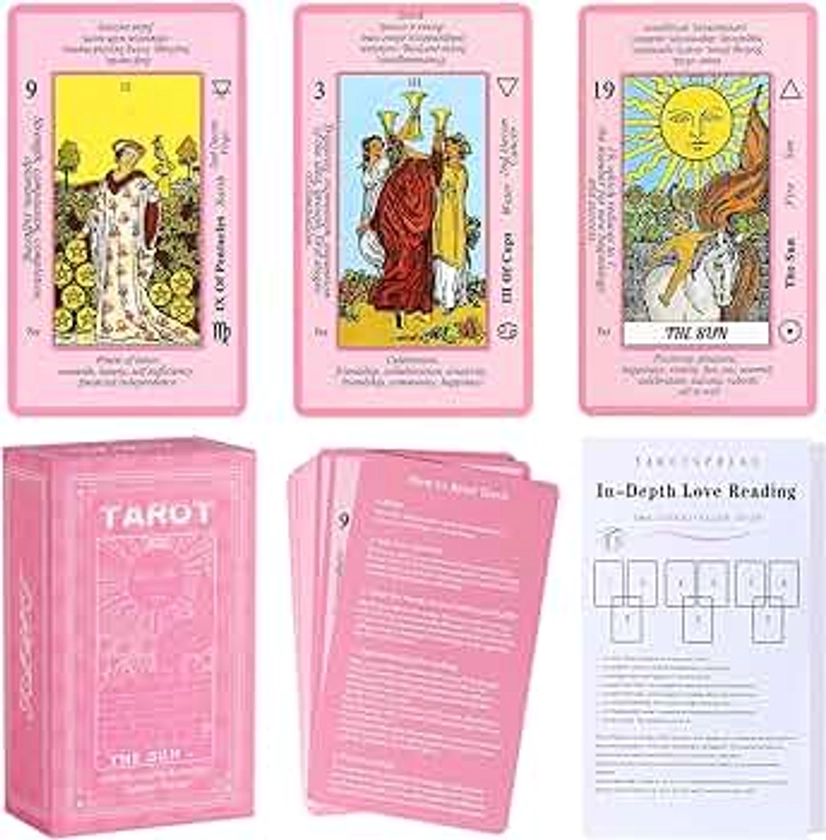 Pink Tarot Cards Deck Set for Beginners with Meanings On Them-Tarot Card with Guidebook-(Free Velvet Tarot Bag Pouch)