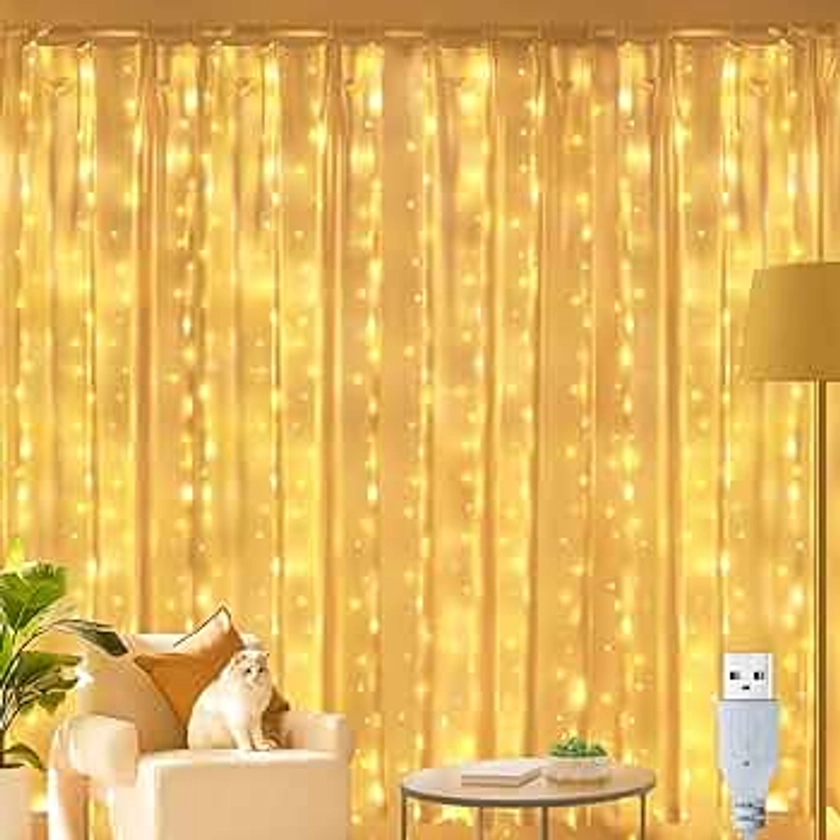 Ollny Curtain Fairy Lights, 200 LED 2m x 2m USB String Light Indoor Outdoor Waterproof Warm White Hanging Window Lights with Hooks, Bedroom/Outside/Wall/Door/House/Garden Decorations