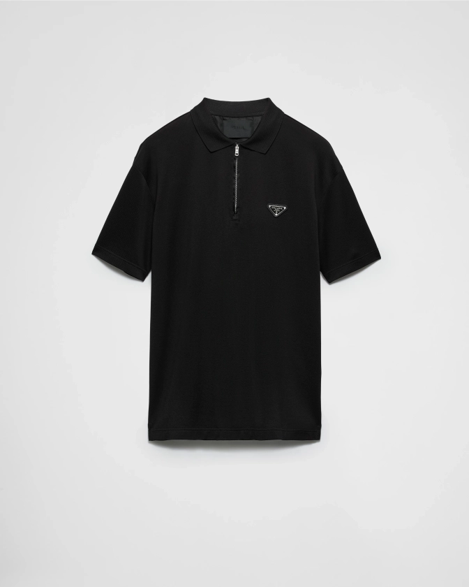 Polo En Piqué Avec Détails En Re-nylon Noir | PRADA