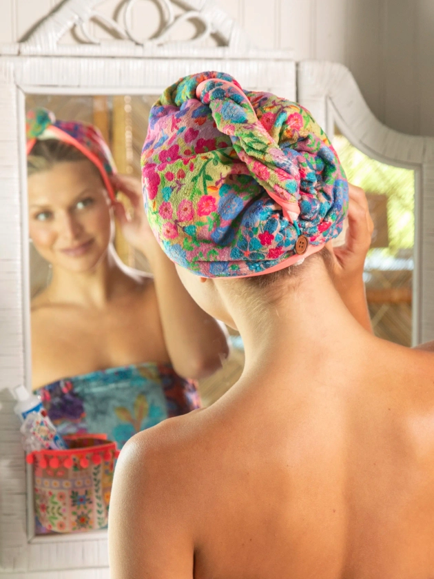 Microfiber Hair Towel Wrap - Rainbow Floral Rows