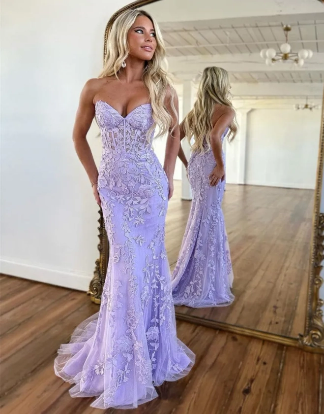 Berlinnova Lilac Mermaid Corset Back Prom Dress With Appliques | Lace Prom Party Dress