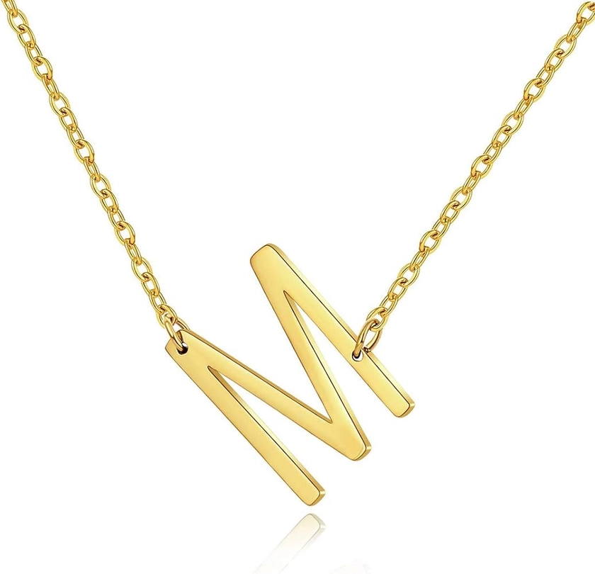 MOMOL Sideways Initial Necklace, 18K Gold Plated Stainless Steel Tiny Initial Necklace Dainty Personalized Letter Necklace Delicate Small Monogram Name Necklace for Women Girls