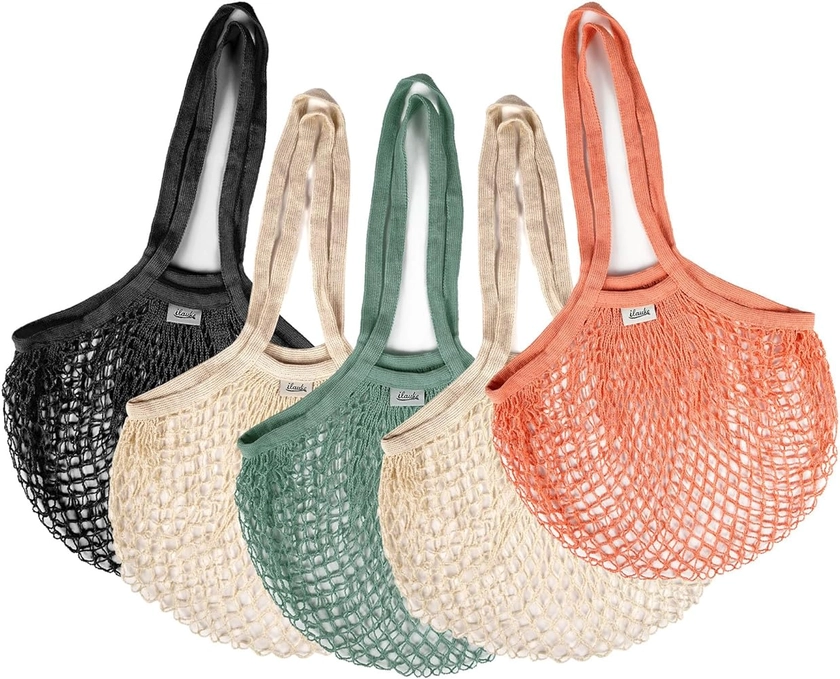 5 Filet Provision Sacs de Courses,ilauke 70*35cm Sac Legumes Courses en Maille de Coton Portable avec Longue Poignée,Sacs à Provisions avec Serrage Réutilisables pour Fruits,Légumes,Jouets,Fournitures