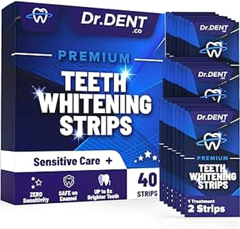 DrDent Premium Teeth Whitening Strips - 20 Sessions Non-Sensitive Formula 40 Peroxide Free Safe for Enamel + Mouth Opener Included