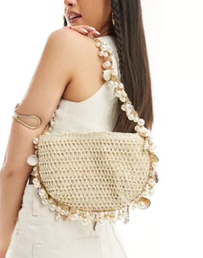 South beach crochet shoulder bag with pearl and shell embellishment | ASOS