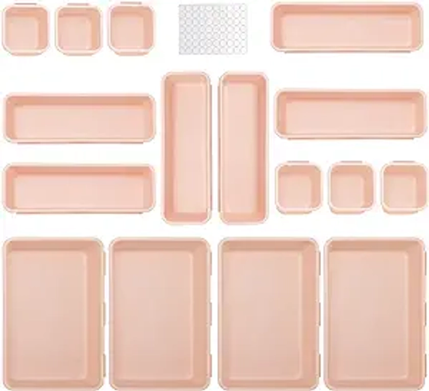 Famhap 16 PCS Pink Desk Drawer Organizers, Versatile Bathroom and Vanity Drawer Organizer Trays, Storage Bins for Makeup, Bedroom, Kitchen Gadgets Utensils and Office (Pink)
