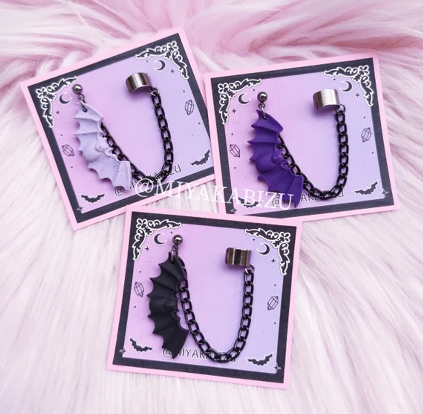 bat halloween earrings earcuff pastel goth, gothic fake piercing, kawaii accessory, cute bat jewelry, emo purple jewellery