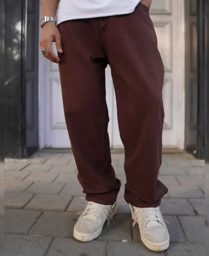 Brown Denim Solid Baggy Fit Jeans