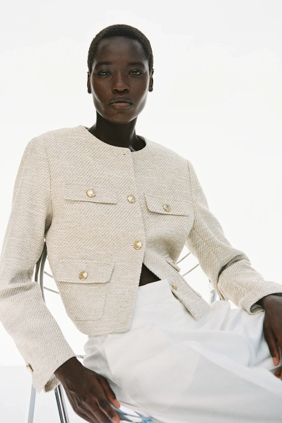 Textured-weave jacket - Round neck - Long sleeve - Light beige marl - Ladies | H&M GB