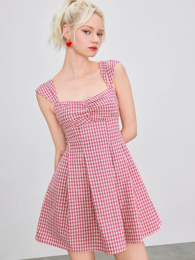 Gingham Dress Picnic Dress Woven Sweetheart Gingham Bowknot Pleated Ruffle Hem Mini Dress For Date