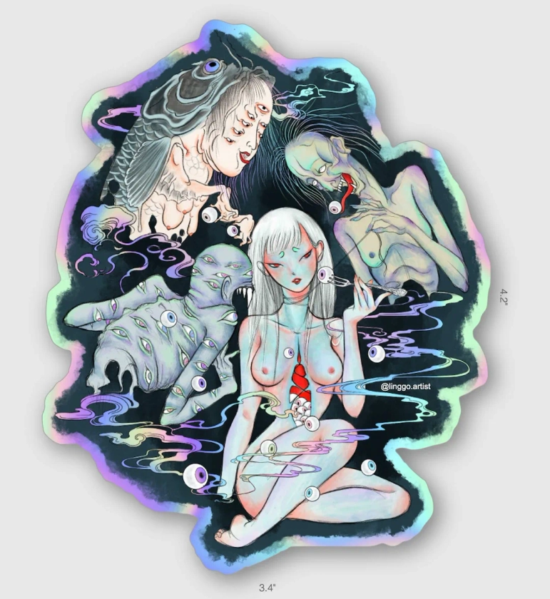 Feast, Girl with 3 japanese demon, dark surreal illustration, bizarre sticker, eyeball sticker, holographic sticker, strange, macabre gothic
