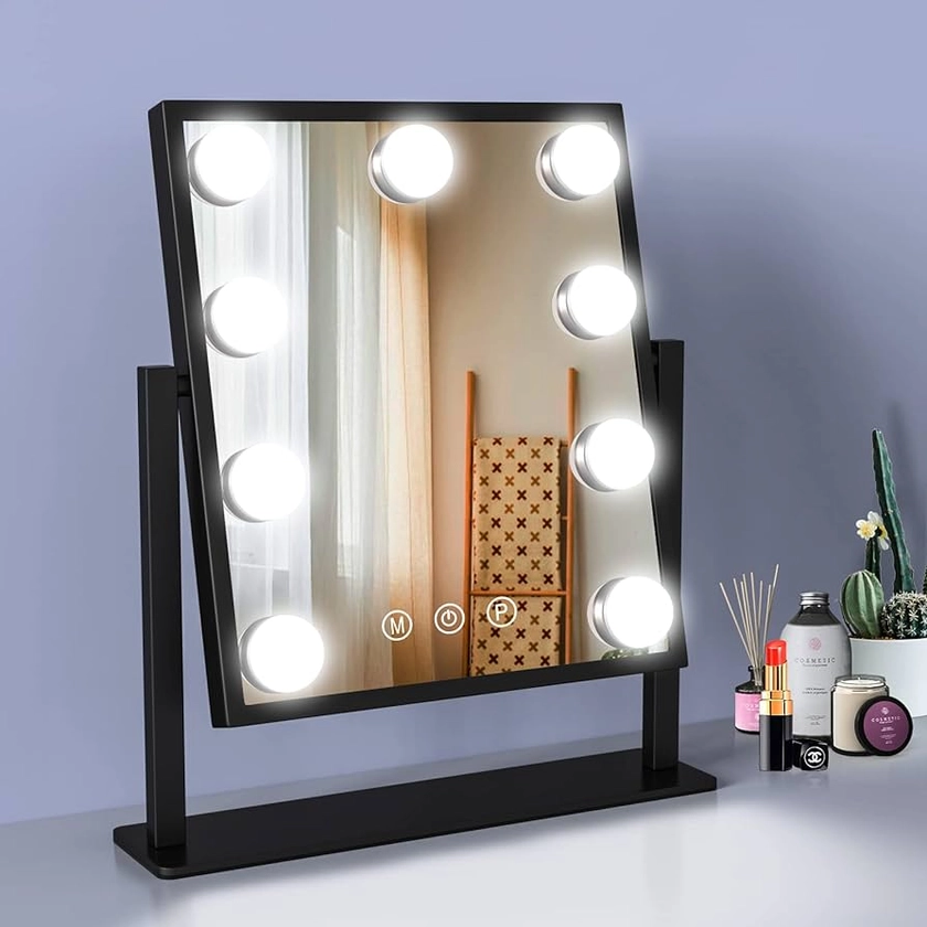 WEILY Hollywood Vanity Mirror with Lights,Large Lighted Makeup Mirror with 3 Color Light & 9 Dimmable Led Bulbs,Smart Lighted Touch Control Screen & 360 Degree Rotation(Black)