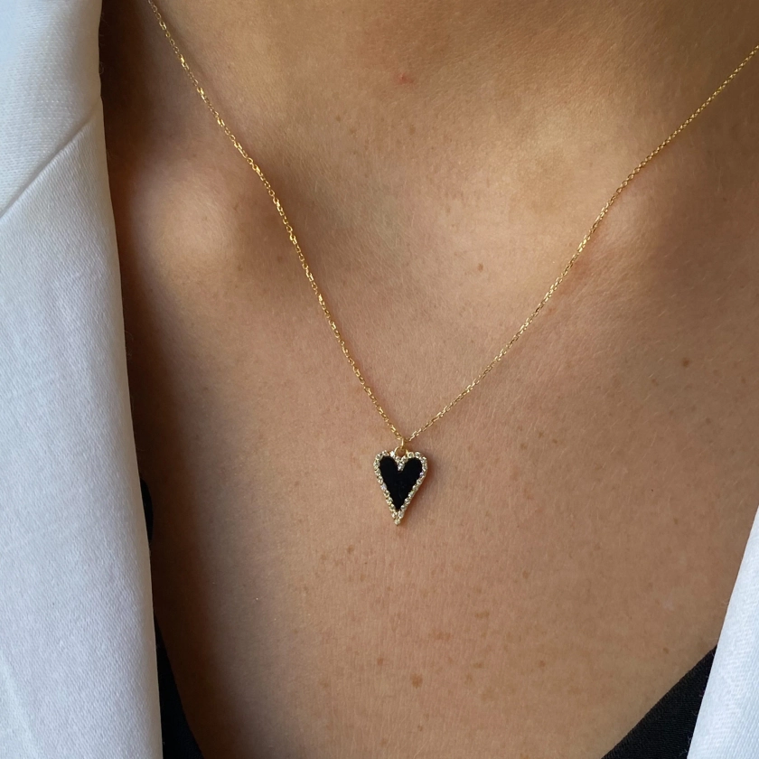 9ct Gold Modern Heart Necklace | Onyx & CZ