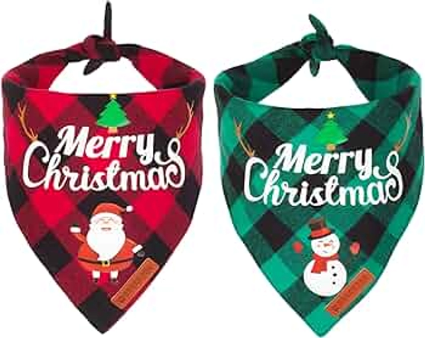 ADOGGYGO 2 Pack Dog Bandana Christmas Classic Plaid Pet Scarf Triangle Bibs Kerchief Merry Christmas Santa Snowman Print Pet Bandana for Medium Large Dogs Pets (Christmas-1, Large)