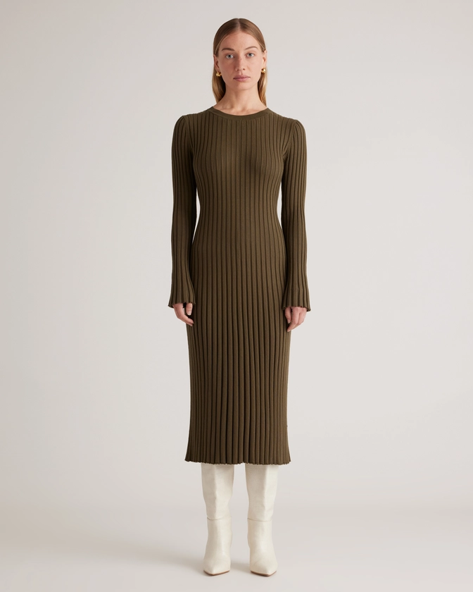 Cotton Cashmere Ribbed Long Sleeve Crew Midi Dress