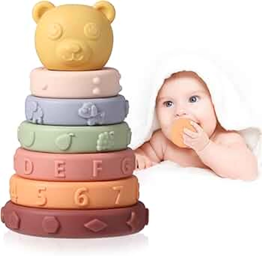 Oderra Tour Empilable Bebe 6 Mois, Sensoriel Eveil, Montessori Souple Dentition Bain bébé Jouets D'éveil, Jeux Educatif Garçon Fille, Multiple Colour