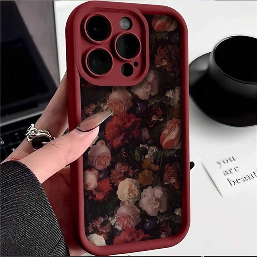 Flower 1pc Wine Red Rose Design Relief Texture TPU Soft Anti-Drop Waterproof Phone Case For Girls, Compatible With IPhone