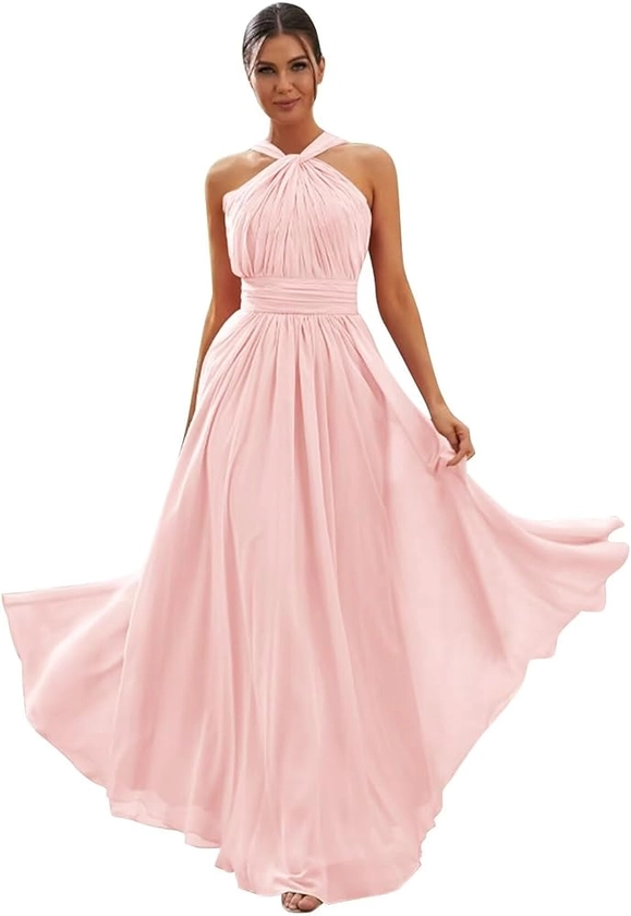 Amazon.com: HTBVGO Chiffon Blush Pink Bridesmaid Dresses for Women Long A Line Ruched Halter Formal Dresses Size 6 : Clothing, Shoes & Jewelry