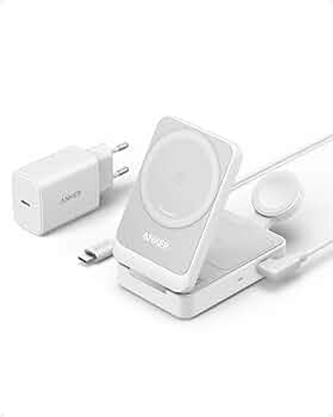 Anker MagGo Cargador Inalámbrico iPhone 3 en 1, Soporte de Carga 15 W Certificado Qi2, iPhone 15/14/13, AirPods, Apple Watch 9 (Enchufe Incluido)