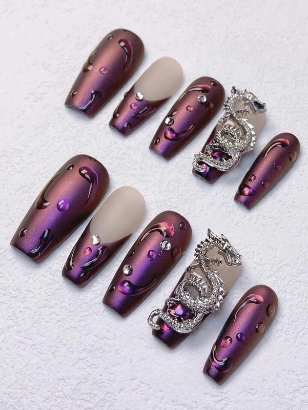 10pcs Painted Nail Purple French Dragon Series Dark Black Sticking Diamonds Gothic Original Coffin For Girls