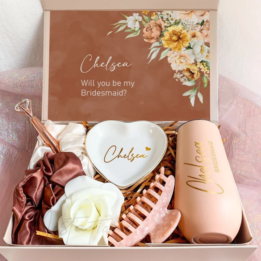 Boho Bridesmaid Proposal Box With Tumbler, Bridesmaid Box With Ring Dish, Maid of Honor Gift Box, Bridal Shower Favor, Wedding Gift