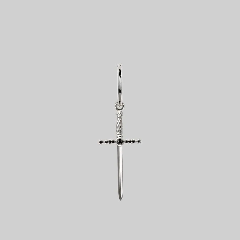 ELYSIAN. Black Spinel Dagger Hoop Earrings - Silver