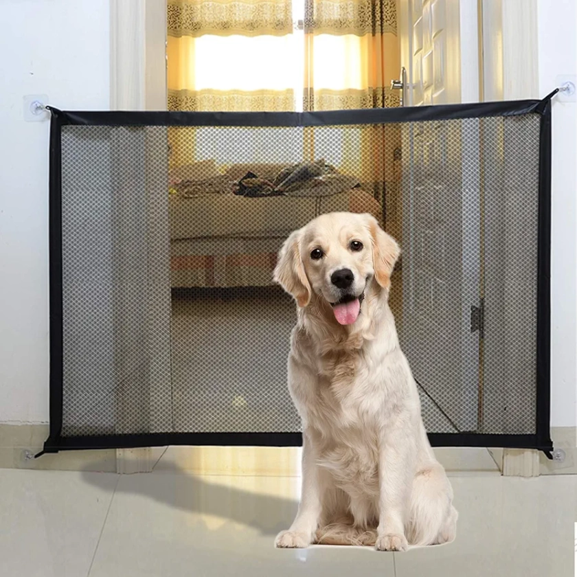 Magic Gate for Dogs, Portable Folding Stair Gate Safe Guard Isolation Net with 2cm Extension Strap Safety Gate Install Anywhere for Dogs Cats-110x72cm