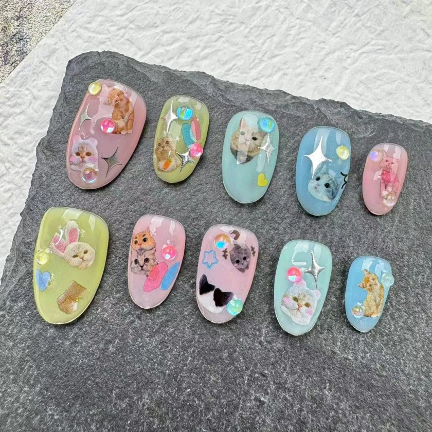 Cute cat nails|Hand painted custom nails|nails press on|hand painted nails|Faux Acrylic Nails|Gel Nails|custom press on nails