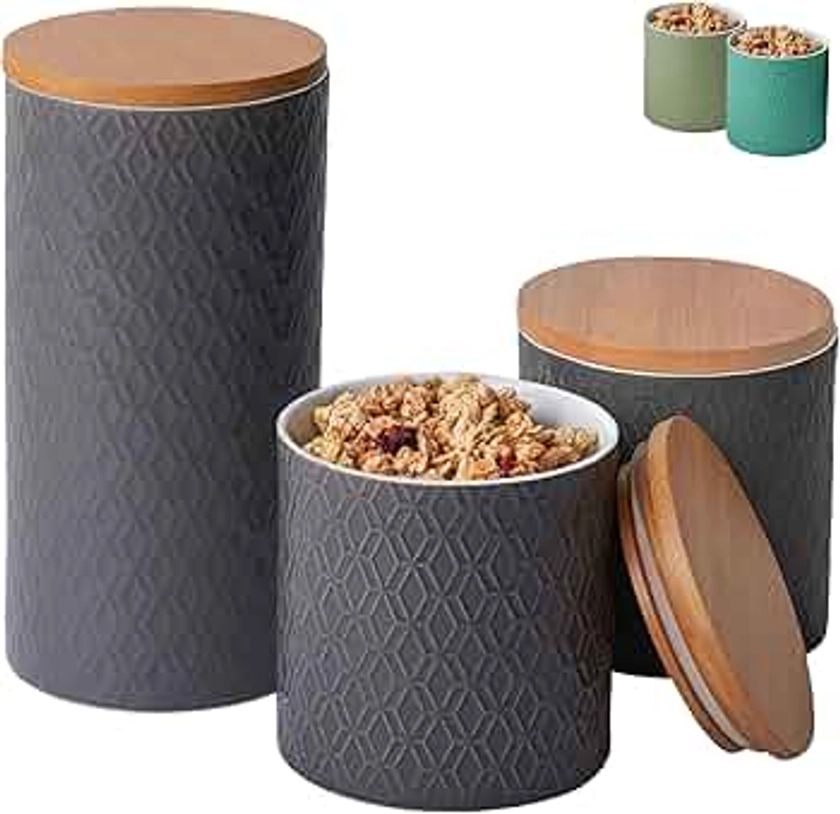 Praknu Barattolo in Ceramica con Coperchio - Set di 3 Barattolo con Coperchio Ermetico - Lavabile in Lavastoviglie - Vasetti per Caffè, Zucchero, Muesli (Grigio)