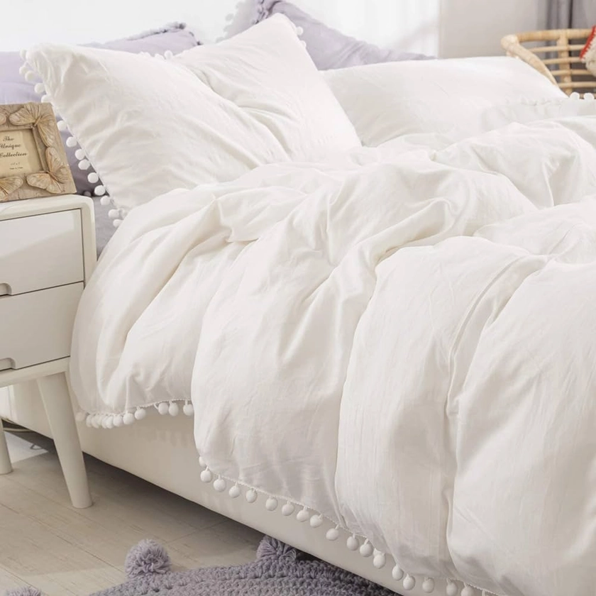 WONGS BEDDING White Duvet Cover King Pompoms Tassels Design Soft Washed Microfiber with Zipper Closure (White, King) : Amazon.co.uk: Home & Kitchen