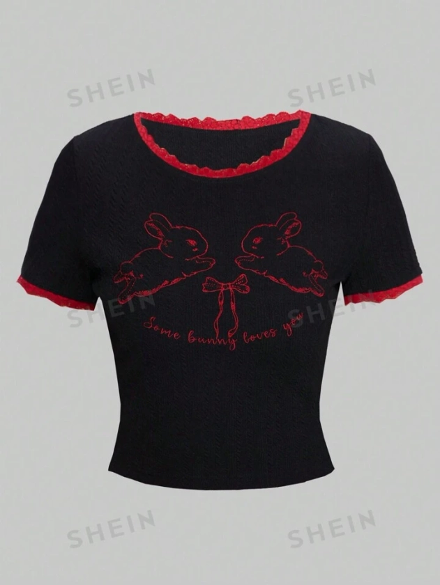 ROMWE Kawaii Camiseta de mujer ajustada de cuello redondo con encaje y bordado de conejo