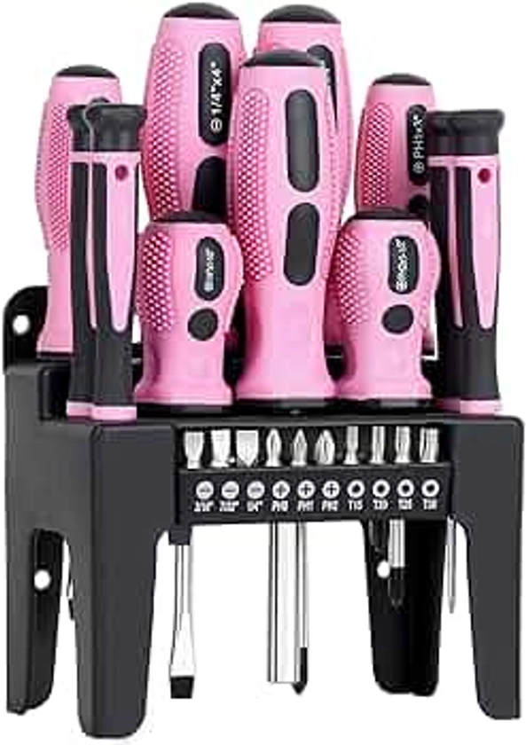 FASTPRO 21-Piece Magnetic Screwdrivers Set with Organizer Rack, Slotted Phillips Screwdrivers and Precision Screwdrivers, Repair Tool Kit for Women, Pink