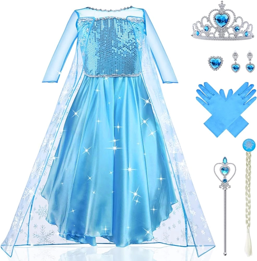 URAQT Robe Elsa Enfant de Princesse, Costume Princesse avec Accessoires de Baguette Magique Princesse Couronne, Déguisement de Cape Brillante de Luxe pour Fête/Cosplay