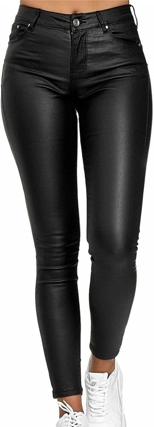 Women's High Waist Faux Leather Stretchy Leggings PU Elastic Shaping Hip Push Up Pants Tights Stretchy Pleather Pants