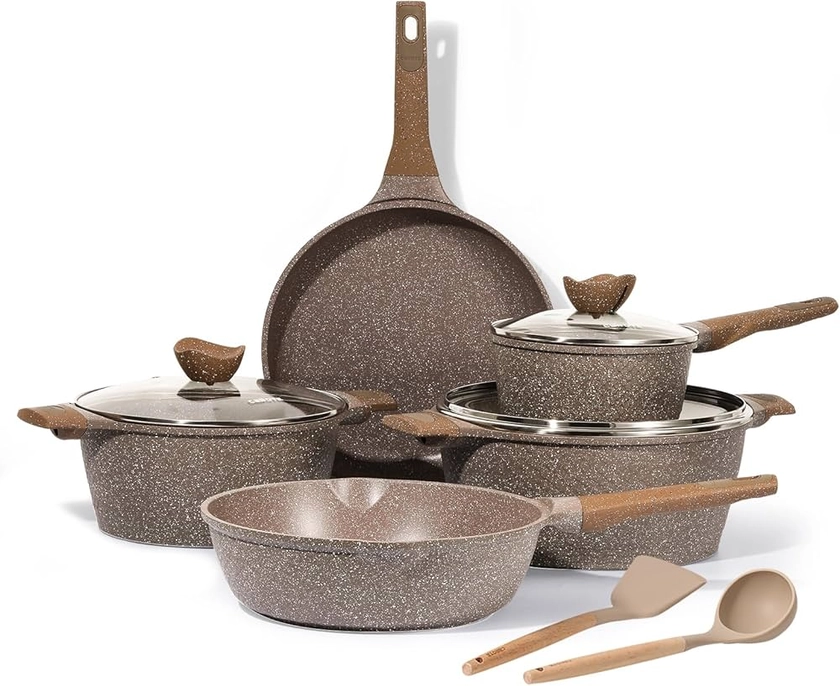 CAROTE Lot de 10 Poele et Casserole, Poele Antiadhesive 28cm, Casserole 24/28cm, Sauteuse 28cm, Pots à Lait 18cm, Batterie de Cuisine Induction avec Couvercle, Ustensiles Cuisine