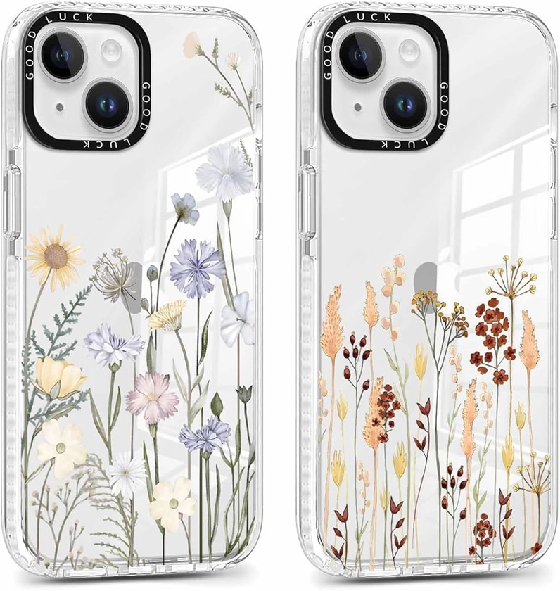 Xylota 2 Pièces Coque pour iPhone 14/iPhone 13 6,1",Transparente Étui avec Aesthetic Motif Fleur, Mince TPU Bumper Silicone Housse Clair Antichoc Protection Filles Femmes Case Cover pour iPhone 14, 30