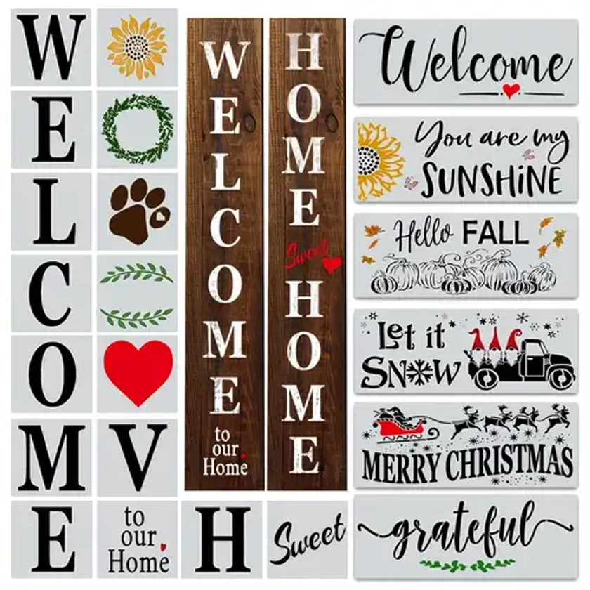 22pcs Welcome Stencil For Painting On Wood, Reusable Large Vertical Welcome Sign Stencil For Front Door Porch Sign Or Outside Decor Christmas Letter S