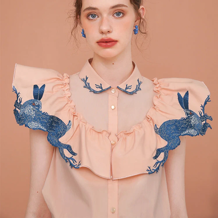 blue rabbit embroidery collar blouse