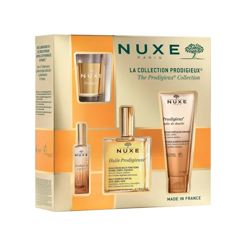 COFFRET - La Collection Prodigieux - Huile Prodigieuse 100ml + Prodigieux Le Parfum 15ml + Prodigieux Huile de Douche 100ml + Prodigieux Bougie d'Intérieur 70g | Nuxe - Parapharmacie Boticinal