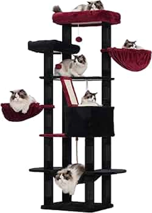 Heybly Gothic Cat Tree,68 inch Multi-Level Cat Tower for Indoor Cats,2 Widened Plush Perches Cat Condo with Scracthing Board and Big Caves,Black and Red HCT025BR