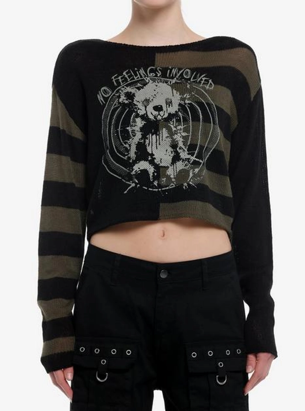 Social Collision Green & Black Stripe Bear Split Girls Crop Sweater | Hot Topic