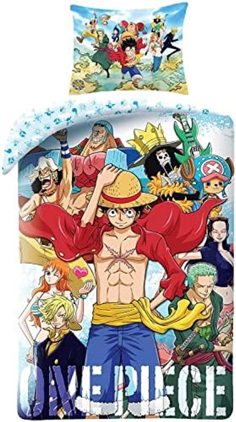 ONE PIECE Monkey D. Luffy et divers personnages – Parure de lit en coton, housse de couette 140 x 200 cm et taie d'oreiller 70 x 90 cm – 100 % coton – Multicolore