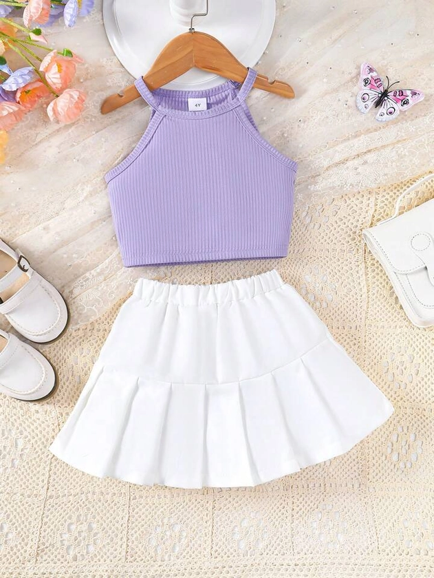 Young Girls' Cute Halter Top And Pleated Midi Skirt Set For Spring/Summer
